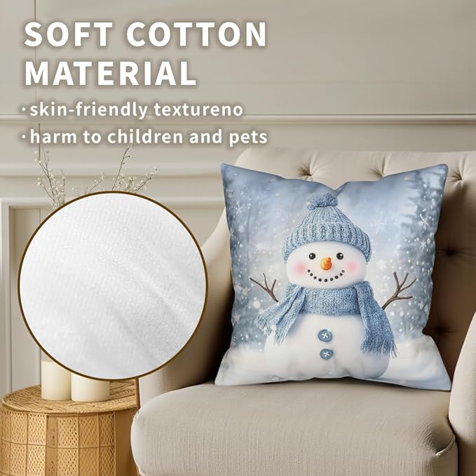 Blue Snowman Throw Pillow Covers Winter Pillow Covers 20x20 Snowflakes Pillow Case Double Sided Printing Cushion Case for Home Decor Couch Sofa Set of 2