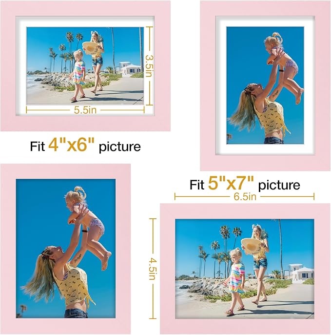 Vittanly 5x7 Picture Frames Set of 9 for Wall or Tabletop Display, Pink | Display Pictures 4x6 with Mat or 5x7 without Mat, Small Photo Frames, Engineered Wood with Shatter Resistant Plexiglass