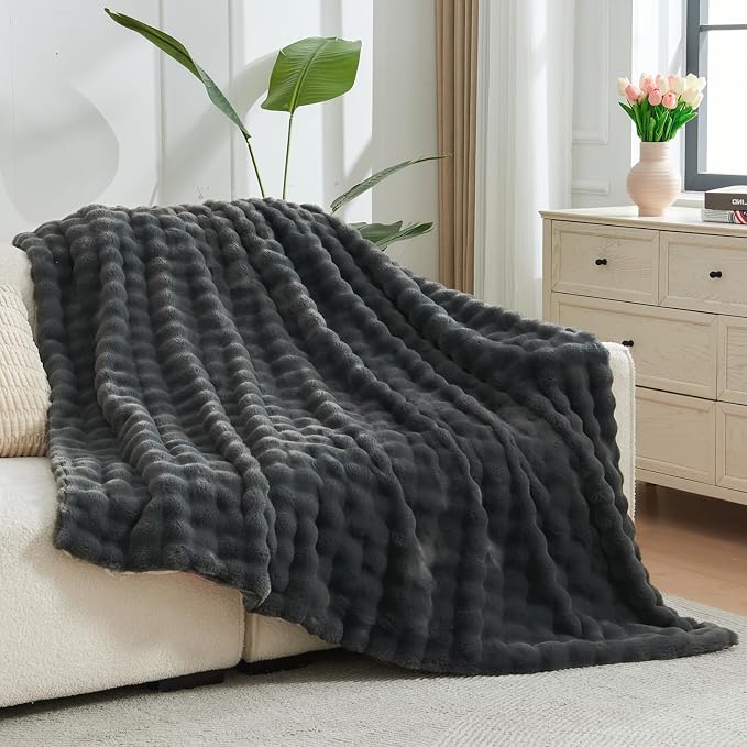 NEWCOSPLAY Faux Fur Fluffy Bubble Twin Blanket for Couch, Grey, 60"x80" | Soft Thick Warm Bubble Blanket for Couch Sofa Bed 550GSM, Plush Cozy Luxury Decorative Throw, Gift for Women Men