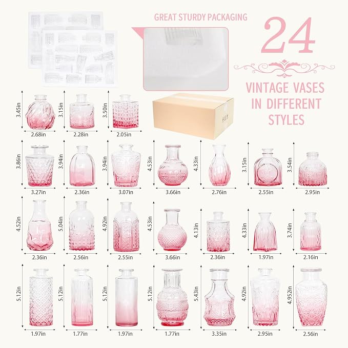 24PCS Mini Bud Vases As Wedding Centerpieces for Tables,Clear Bud Vases for Flowers,Small Flower Vases Suitable for Birthday Party,Anniversary,Wedding Reception,Baby Shower (Light Pink)