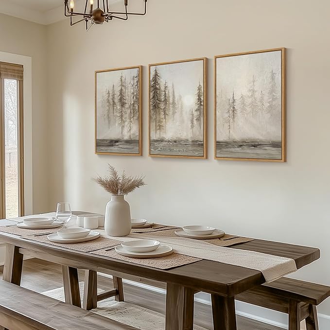 Framed Neutral Abstract Pine Tree Landscape Wall Art Bedroom, 16x24 Inch | 3 piece, Modern, Canvas artwork, Nature forest picture, Farmhouse wall decor, Home office art, Ready to hang, Wood frame