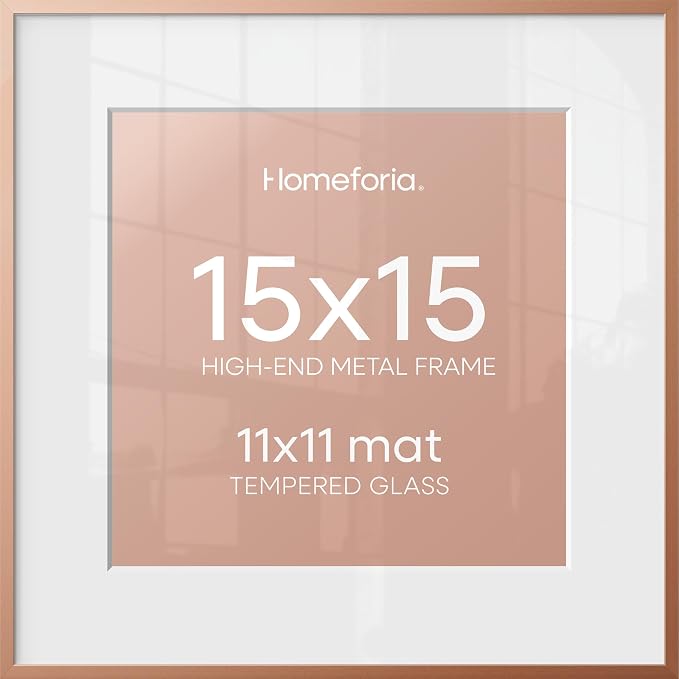 Homeforia 15x15 Rose Picture Frame, High-End Metal, 11x11 Mat, Glass