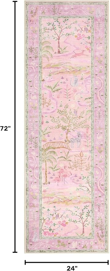 2x6 Hallway Runner Rug Non Slip Forest Nursery Runners Washable Stain Resistant Fairy Tale Whimsical Long Runner Carpets Girls Room Purple Safari Animal Rugs for Living Room Kitchen Bedroom, Lavender