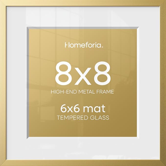 Homeforia 8x8 Gold Picture Frame, High-End Metal, 6x6 Mat, Glass