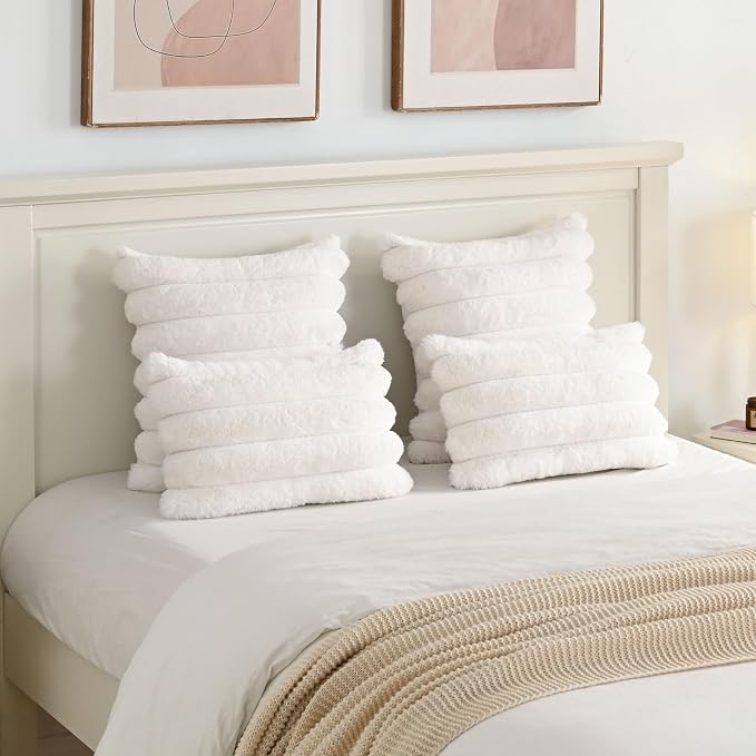 HAUSSY Pack of 2 Pillow Covers 16x16 Inch, Faux Fur Decorative Couch Throw Pillows Soft Striped Plush Cushion Covers Home Decor Cute Furry Pillowcase for Living Room Sofa Bed, Cream White