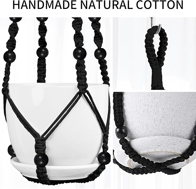 Macrame Plant Hanger - Fits 4-15 Inch Pots, 3 Pack, Black