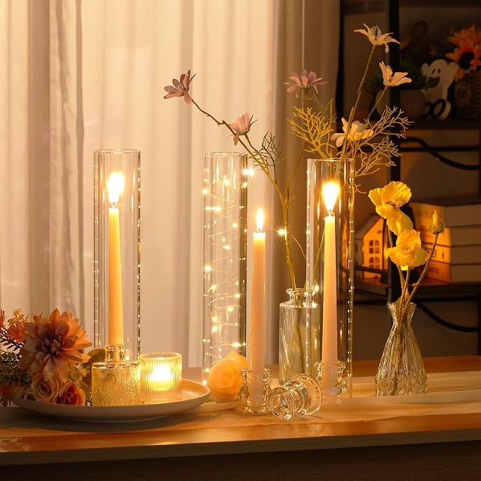 Teenyyou 24 Set Glass Hurricane Candle Holders Candlestick Bulk 12.6",Clear | 2.2" Taper Clear Candlestick Holders, Open Ended Glass Candleholder Tube Shape Bottomless, for Wedding Table Centerpiece