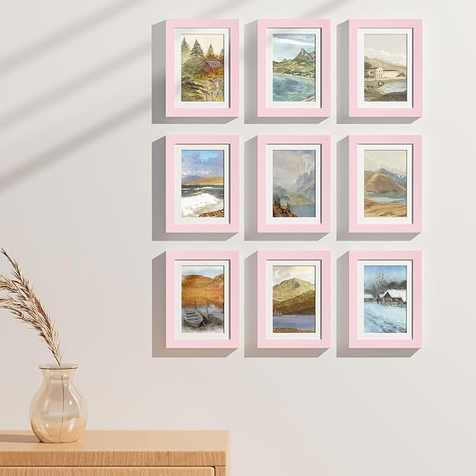 Vittanly 5x7 Picture Frames Set of 9 for Wall or Tabletop Display, Pink | Display Pictures 4x6 with Mat or 5x7 without Mat, Small Photo Frames, Engineered Wood with Shatter Resistant Plexiglass