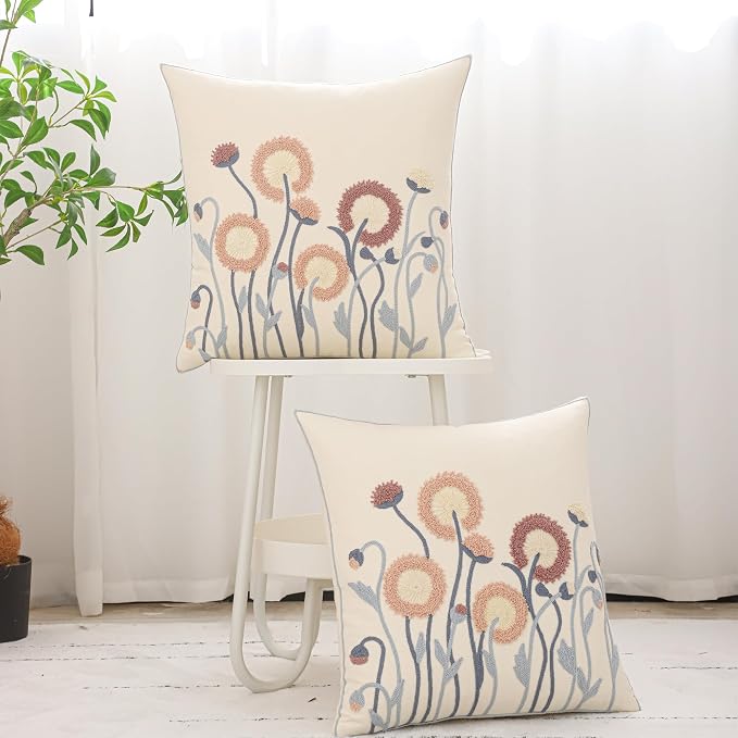 Fall Embroidered Throw Pillow Covers 18x18 Set of 2 Blowball | Durable Fabric,Square Pillow Cover,Boho Decorative,Hidden Zipper,Aesthetic Design,Ideal Gift,Machine Washable