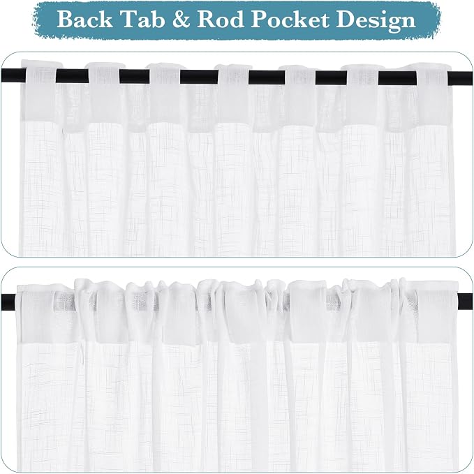 RYB HOME Linen Semi Sheer Kitchen Curtains Over Sink 36 inches Length | Light Filtering, Half Privacy, Breathable Airy, Short Tiers for Cafe Bathroom RV Camper, W52 x L36, White, 2 Panels
