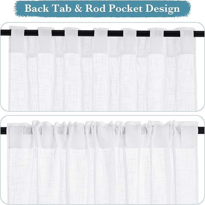 RYB HOME White Curtains & Drapes - Linen Textured Semi Sheer Curtains Privacy Panels for Living Room Bedroom Dining Bathroom Farmhouse Large Window Decor, W 70 x L 63, 2 Pcs | Light Filtering, Privacy Protection, Back Tab, Living Room Bedroom Dining Ba...