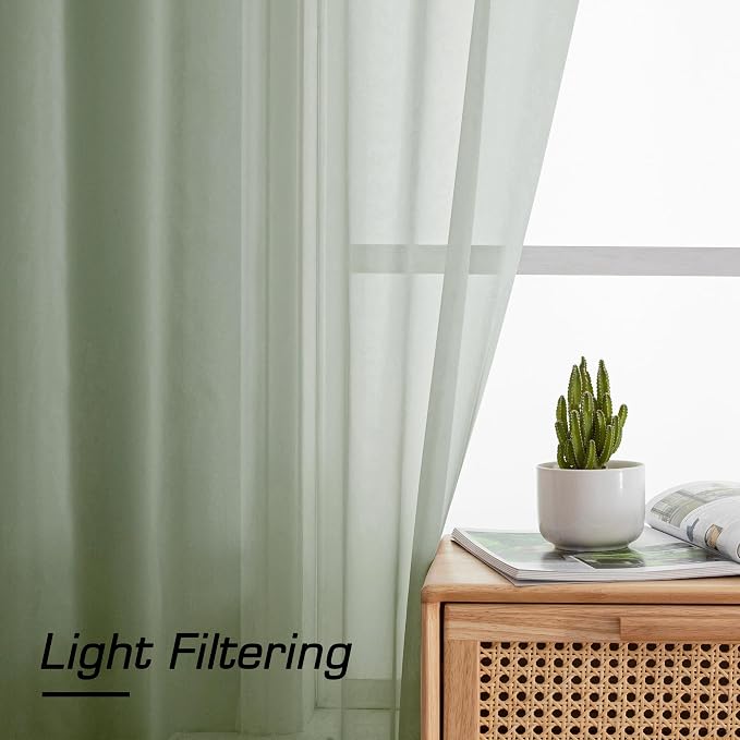 Simplebrand Sage Sheer Curtains 96 Inches Long, Light Filtering Rod Pocket Solid Color Window Sheer Curtain Panels, Elegant Curtains & Drapes for Living Room, Bedroom 2 Panels (Sage, 42" W x 96" L)