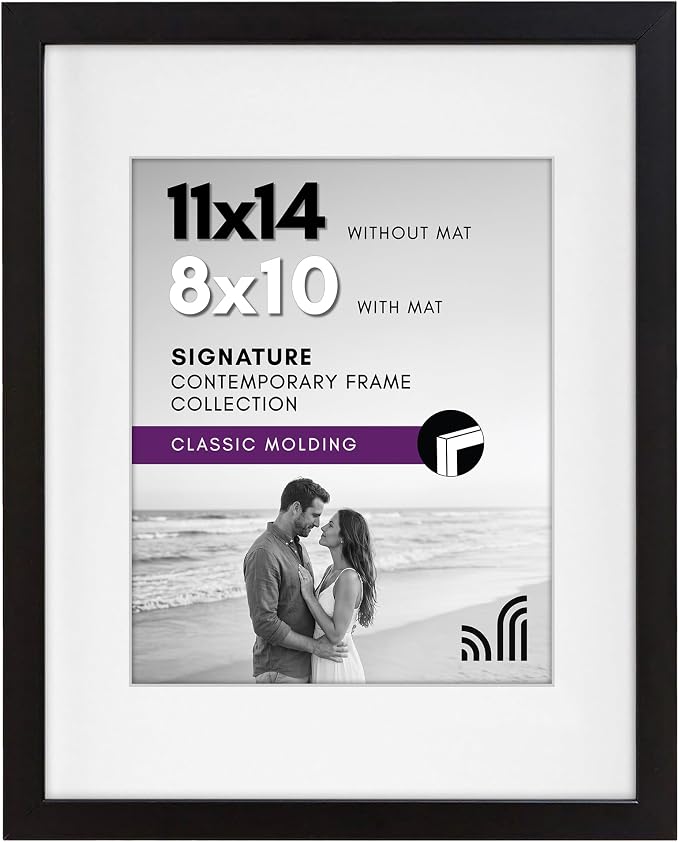 Americanflat 11x14 Picture Frame with Shatter-Resistant Glass - Use as 8x10 Frame with Mat or Display 11x14 Photo Without Mat - Signature Collection - Picture Frames for Wall Display - Black