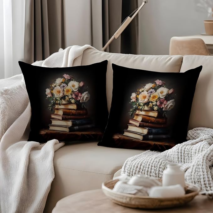 Vintage Floral Book Pillow Covers 18x18, Reading Nook Corner Decor, Gifts for Book Lovers Readers, Dark Academia Wildflower Bookish Decorative Throw Pillow Covers for Library Book Nook Room