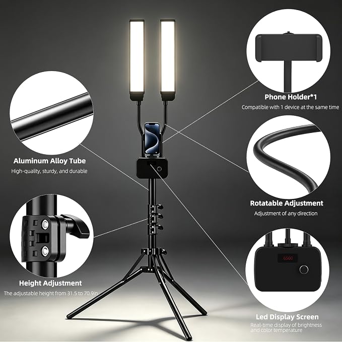 Tattoo Light, Dual Arms Lash Light with Tripod Stand & Phone Holder