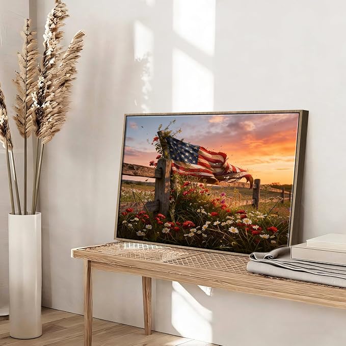 American Flag Framed Canvas Wall Art, 4th of July Patriotic Canvas Prints | Wildflower Meadow Landscape Poster Print, Vintage Rustic Independence Day Wall Decor for Bedroom Living Room 8×10in