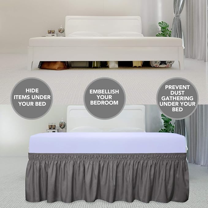 PureFit Wrap Around Ruffled Bed Skirt, Dark Gray, Twin/Full - 22" Drop | Wrinkle Free Bedskirt Dust Ruffles, Easy to Put On Frame Cover with Adjustable Elastic Belt