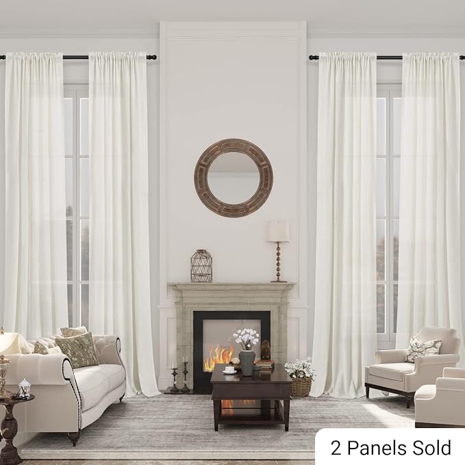 Extra Long Linen Curtains 144 Inches Long for Living Room Natural Cream Semi Sheer Curtain Rod Pocket 2 Panels Set Boho Farmhouse Light Filtering Window Drapes for Bedroom Beige Ivory 52x144