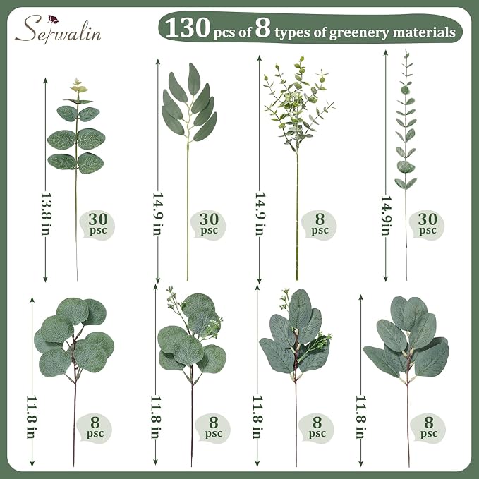 Serwalin 130PCS Mixed Eucalyptus Stems Bulk, Faux Greenery Stems | 8 Kinds Faux Eucalyptus Stems Eucalyptus Leaves & Artificial Greenery for DIY Bouquets, Centerpieces, Vase & Home Decor