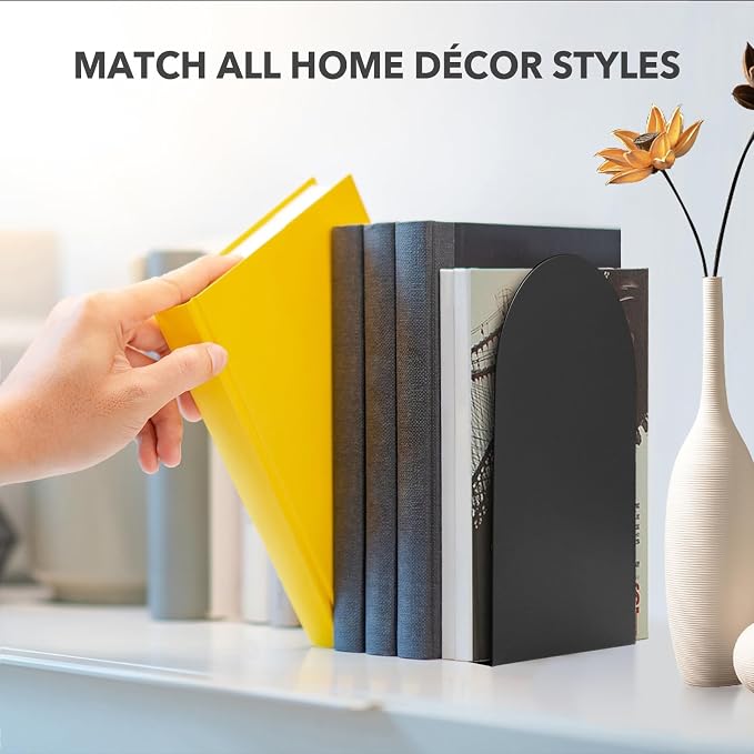 8 Pcs Metal Bookends - Book Ends for Shelves, Black