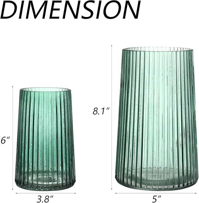 Ribbed Flower Vases Set of 2, Green Vases for Flowers, Flower Vase for Bouquet, Modern Ribbed Glass Vase for Living Room, Bedroom, Dining Table, Office, Wedding, Centerpieces