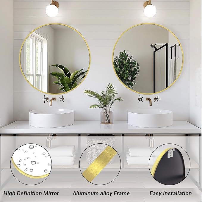 18 inch Round Mirror, Round Wall Mirror, Brushed Gold Metal Frame | Durable, Rust-resistant, High Definition, Easy Installation, Suitable for Vanity, Nursery, Bedroom, Bathroom