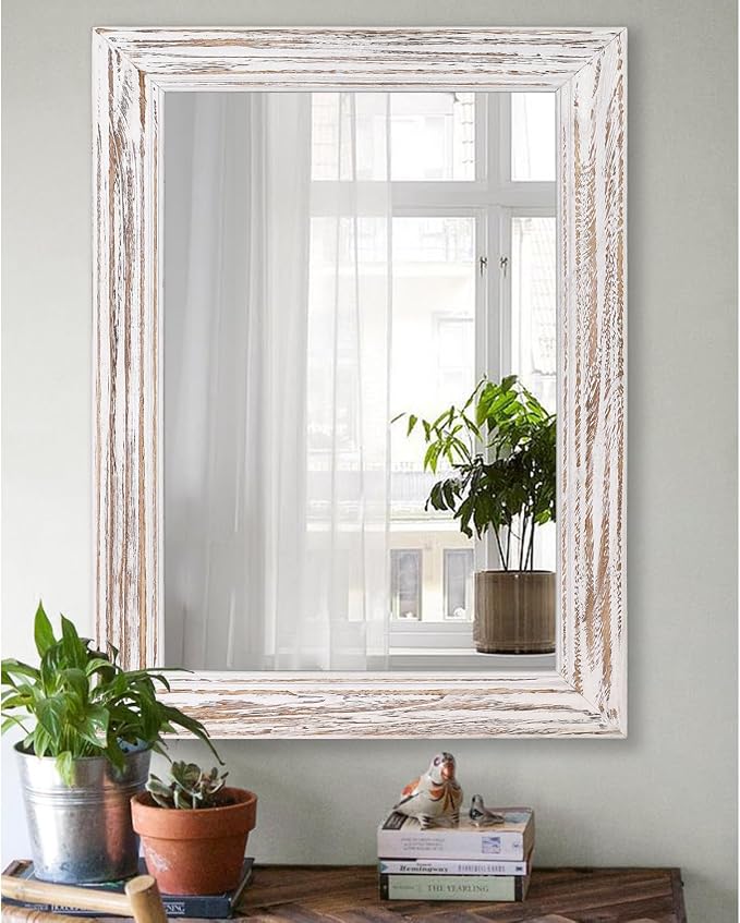 Wall Mirror with Rustic Wood Frame Rectangle Hanging Mirrors for Wall Large Decorative for Bathroom Bedroom Farmhouse Living Room Entryway 26"x18"