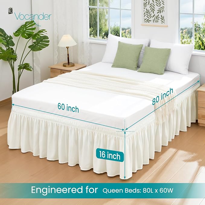 Vocander Cream Queen Bed Skirt 16 Inch Drop, Elastic Wrap Dust Ruffle | Hides Underbed Storage, No Mattress Lifting, Elastic Stays Put, Soft Fabric, Machine Washable, Polished Look