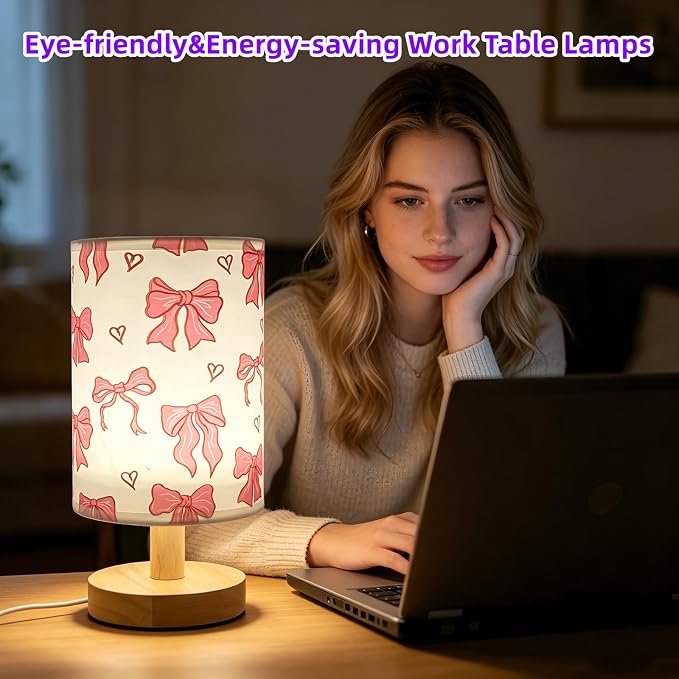 Pink Bow kids Table Lamp Dimmable Small Bedsdie Lamps for Bedroom Decor