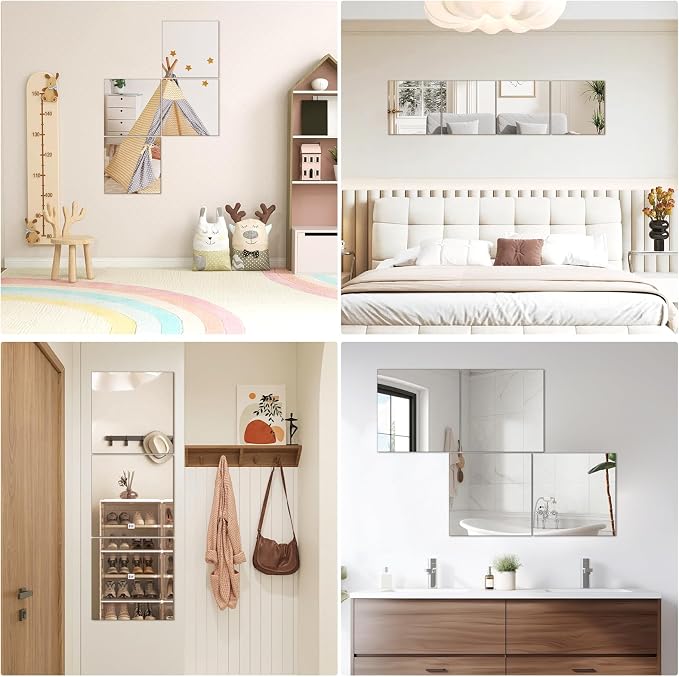 16x16 in Acrylic Mirror Sheet for Wall, 2.5mm Plastic Wall Mirror | Non Glass Body Mirror Tile with Adhesive Tapes, Modern Decorative Square Wall Mirror for Bathroom Bedroom Home Gym Door Decor