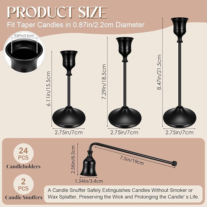 24PCS Brass Black Taper Candle Holders Set, Vintage Candlestick Holders | Tall Table Centerpiece, Pillar & LED Candles, Wedding Reception, Festive Christmas Mantel Decoration, Plus Candle Snuffer
