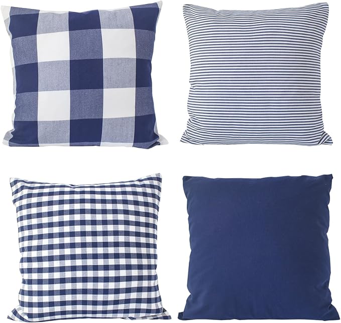 HOPLEE 22x22 Pillow Cover Navy Blue Decorative Pillow Cover with Buffalo Plaid, Solid Navy Blue, Tricking Stripe and Gingham Plaid Design 22x22 Inches Set of 4