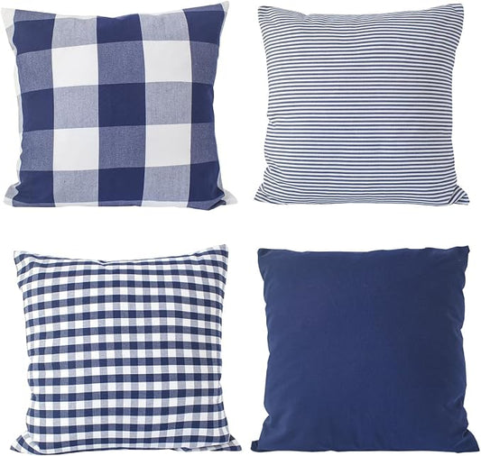 HOPLEE Navy Blue Decorative Pillow Cover 16x16 Pillow Cover with Buffalo Plaid, Solid Navy Blue, Tricking Stripe and Gingham Plaid Design 16x16 Inches Set of 4