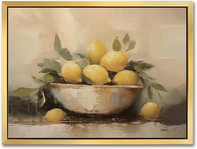 AIMAILON Framed Yellow Lemon With Leaf Pattern, Static Plant Artwork 12x16 | golden frame, expressive brushstrokes, easy to hang, kitchen decoration