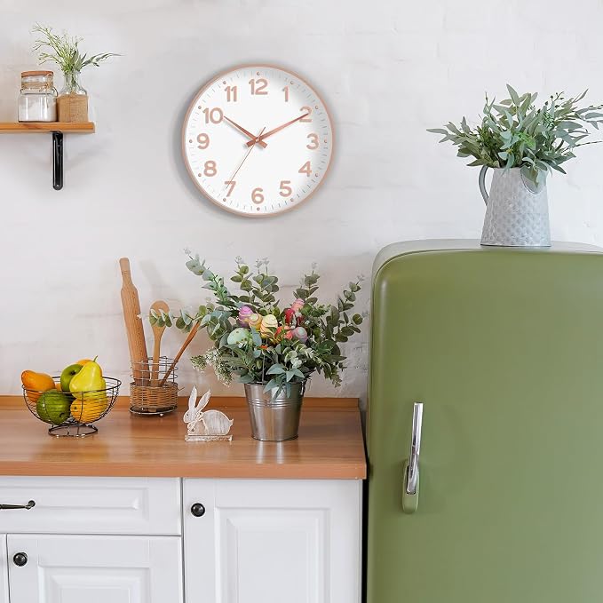 Roymnie 8 Inch Wall Clock, Battery Operated Silent Non Ticking Analog | White Rose Gold modern analog; large 3D easy-read dial for kitchen, office, bathroom & bedroom; 1 AA battery (not included)