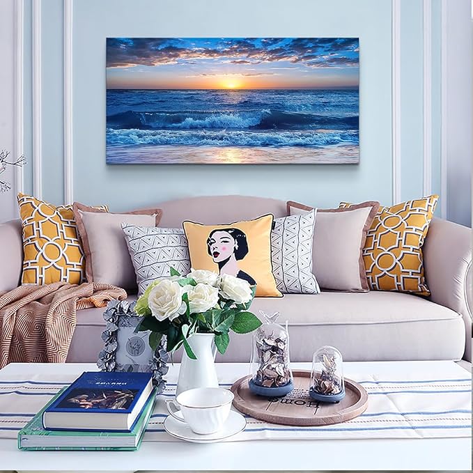 Wapluam Large Canvas Wall Art - Modern Decor for Living Room, Bedroom, Office - Ocean Beach Scene - Blue Sea View - Framed Prints - 24" x 48"