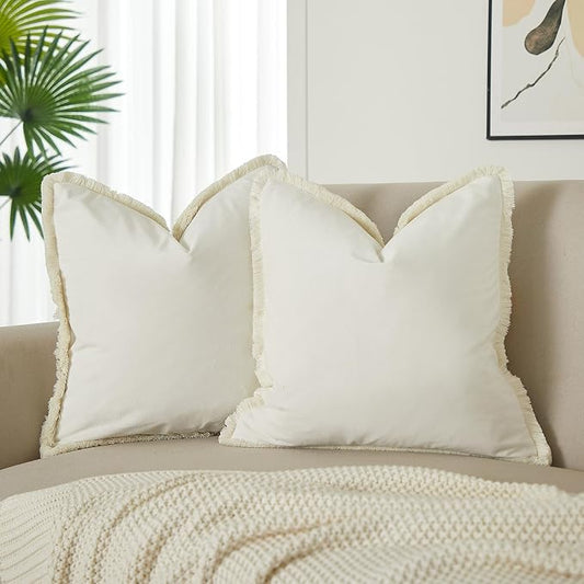 JUSPURBET Cream Decorative Velvet Fringe Throw Pillow Covers 18x18 Set of 2 Boho Soft Cushion Case for Home Decor Living Room Couch Sofa Bed