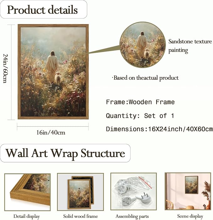 Jesus Leaves the 99 Sheep Wall Art Jesus and Lamb Wall Decor Pictures Christian Religious 3D Hand Drawn Sandstone Poster Painting Prints for Bedroom Living Prayer Room 16x24 inch Wood Framed