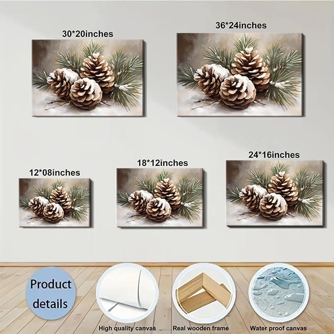 Framed Christmas Wall Decor for Living Room 12x18inch, Vintage Pinecone Still Life Canvas Print, Rustic Winter Snow Scene Pictures Artwork, Farmhouse Season Wall Art for Home Decor