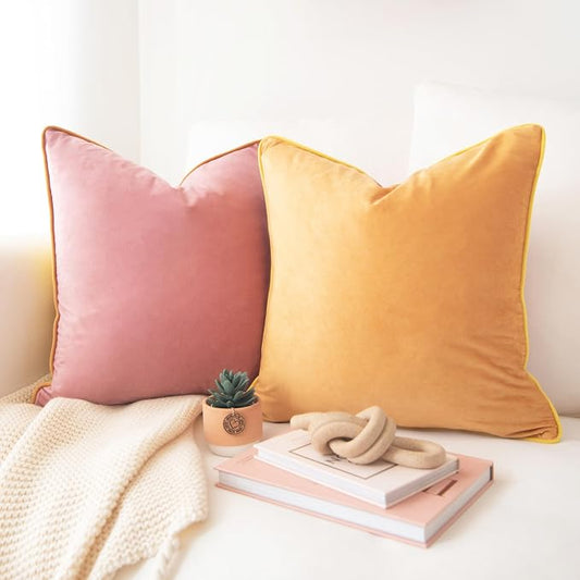 MONDAY MOOSE Decorative Throw Pillow Covers Cushion Cases, Set of 2 Soft Velvet Modern Double-Sided Designs, Mix and Match for Home Decor, Pillow Inserts Not Included (20x20 inch, Yellow/Pink)