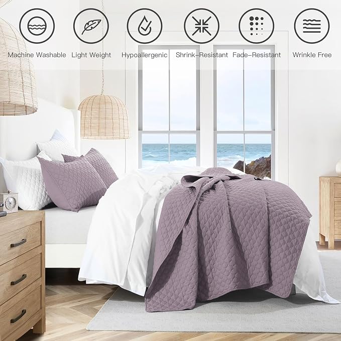 HORIMOTE HOME Quilt King Size Grayish Purple, Lightweight Quilt for Summer, Ultra-Soft Microfiber Modern Style Quilted Clouds Pattern Bedspread Quit Set 3 Pieces(1 Quilt and 2 Pillow Shams)