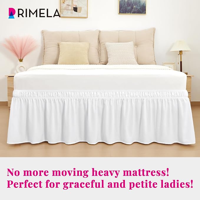 Bright White Bed Skirt Queen Size 15" Drop, Elastic Wrap Around Bedskirt | Solid Ruffled, Easy to Use, No Mattress Lifting, Wrinkle & Fade Resistant, with Adhesive Strips, Machine Wash/Dry/Iron