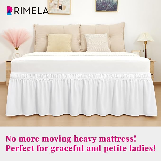 Bright White Bed Skirt Twin Size 15" Drop, Elastic Wrap Around Bedskirt | Solid Ruffled, Easy to Use, No Mattress Lifting, Wrinkle & Fade Resistant, with Adhesive Strips, Machine Wash/Dry/Iron