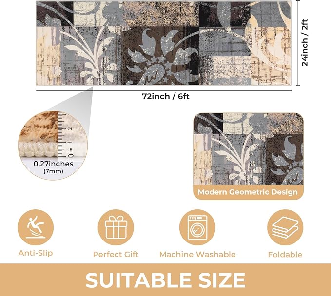 Yamaziot 2x6 Washable Modern Abstract Runner Rug Non-Slip for Hallways | Stain Resistant Kitchen Rug with Rubber Backing, Low Pile, Ultra Soft Carpet Runner for Bedroom, Laundry, Entryway