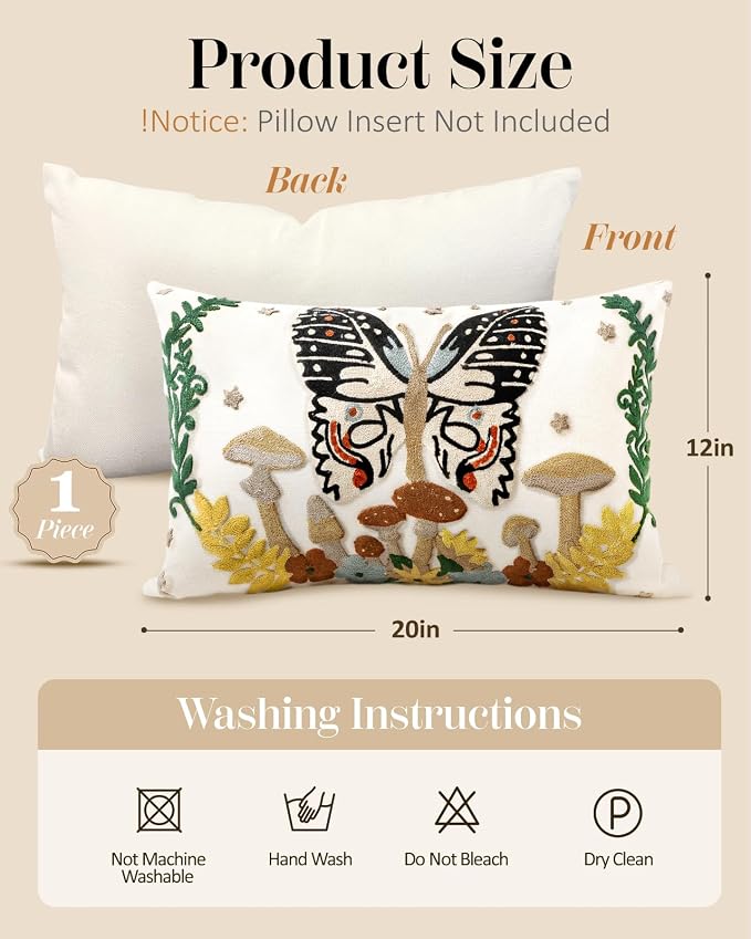 Embroidered Lumbar Pillow Cover - 20x12 Decorative Pillow Cover with Zipper Aesthetic Cute Design Boho Spring Summer Throw Pillowcase for Living Room Couch Sofa Bed, Butterfly Moon