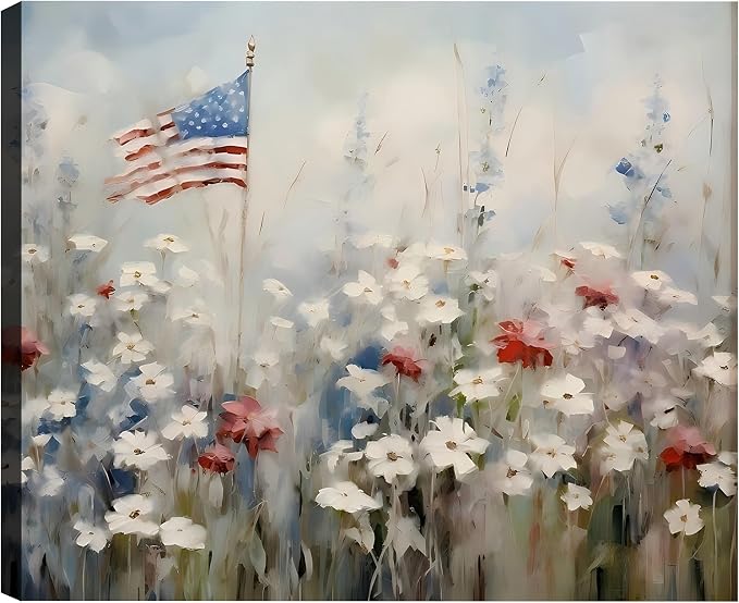 Framed American Flag Wildflower Wall Art, Patriotic Floral Canvas Art Pictures, USA Flag Wall Decor for Living Room Bedroom Office, Ready to Hang Made in USA