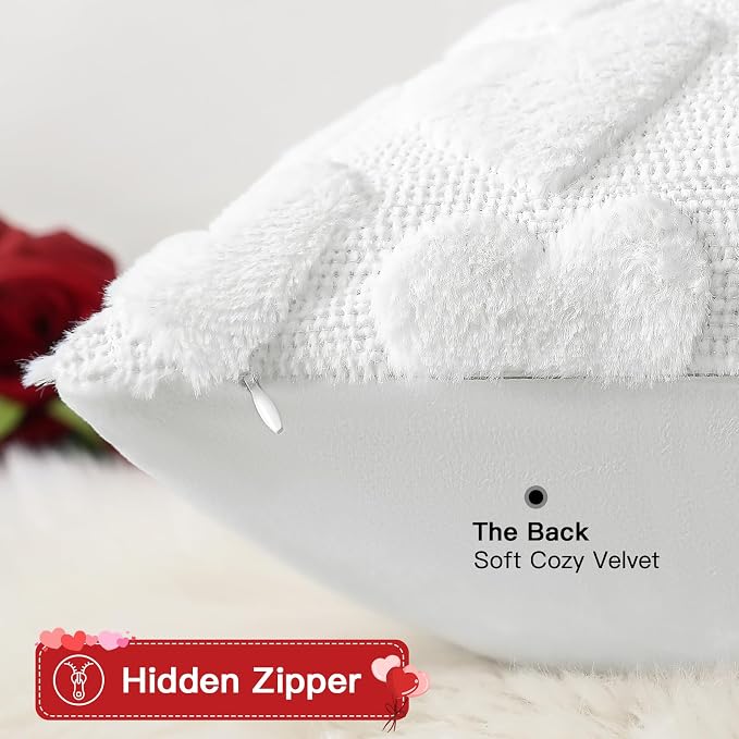 Artscope Valentines Pillow Covers 18x18 Set of 2 Decorative Love Heart Valentines Day Throw Pillow Cases Soft Plush Faux Fur Couch Cushion Case for Holiday Sofa Bed Room Home Decor-White Heart
