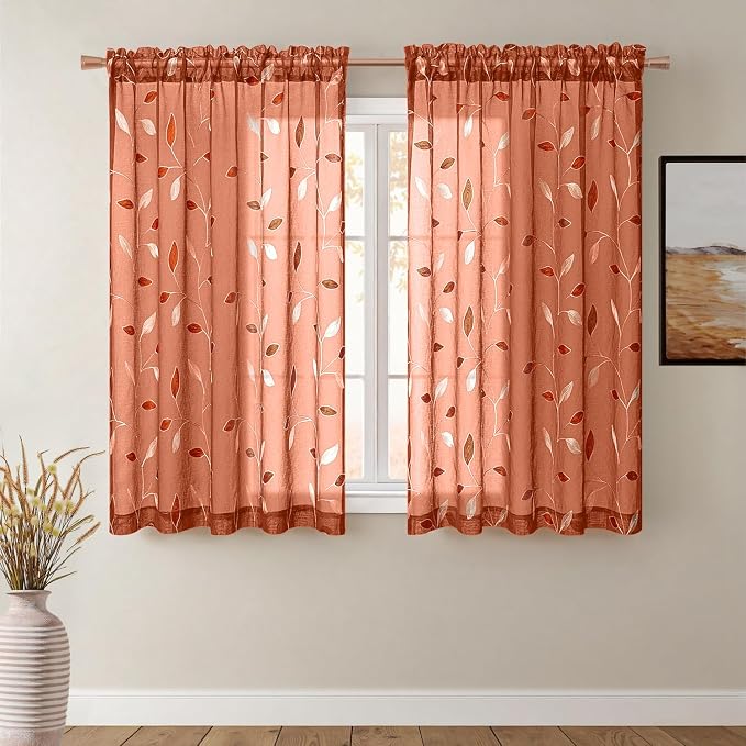MIULEE Burnt Orange Sheer Fall Curtains 2 Panels Leaf Patterned, W52 x L54 | Embroidered Floral Semi Sheer,Rod Pocket,Faux Linen,Short Window Curtains Drapes Set for Kitchen/Bathroom/Cafe