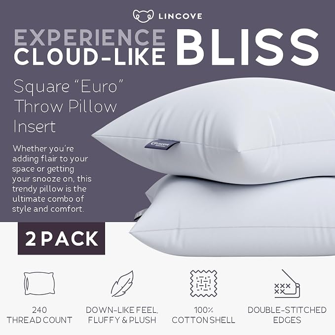 Lincove Euro Throw Pillow Insert Square 26"x26" Pillow – Made in Canada, 100% Cotton Shell, Down Alternative Filling, Vegan-Friendly, Hypoallergenic - Decorative Couch Pillows, 2 Pack