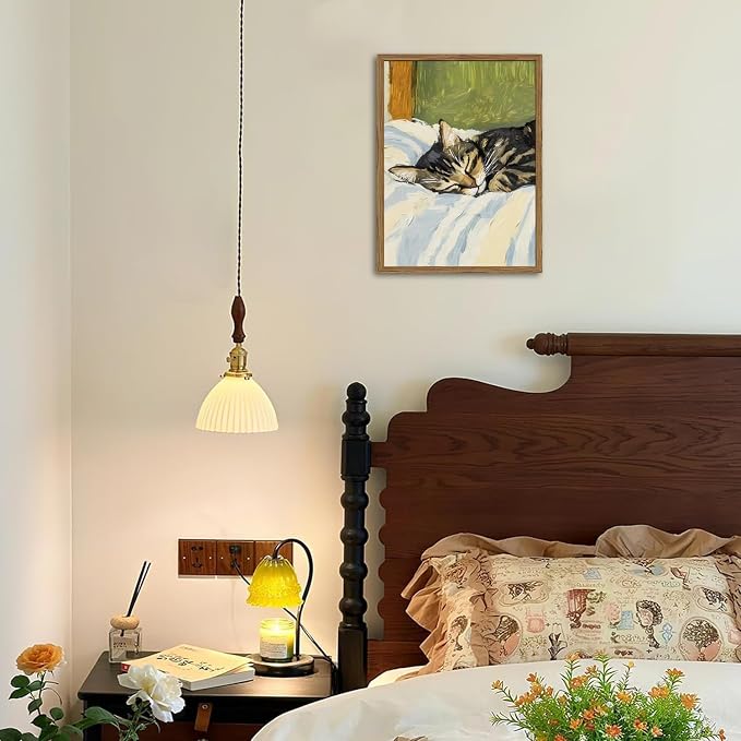 Cute Cat Wall Art, Vintage Tabby Cat Sleeping in Bed Wall Decor Painting, Funky Tabby Cats Pet Pictures Funny Animal Poster Canvas Prints, for Living Room Bedroom 16x24 inch Wood Framed
